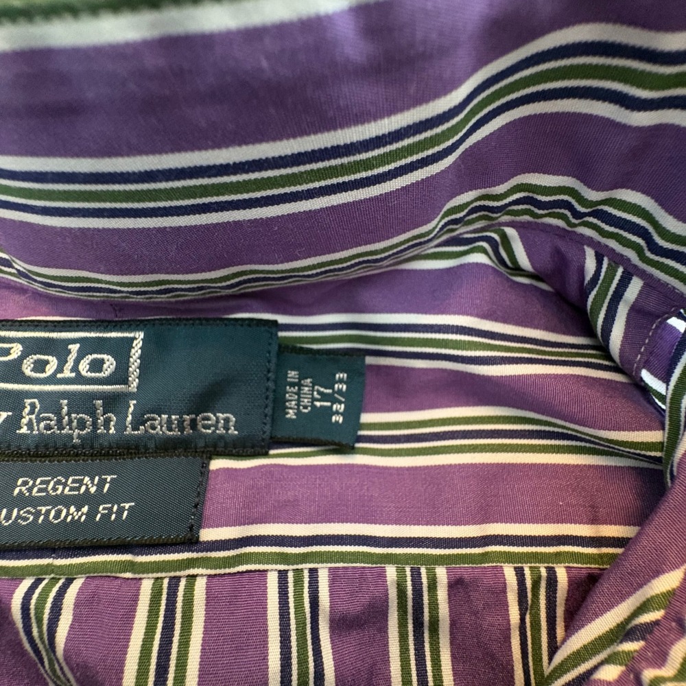 Polo Ralph Lauren Shirt Mens 17 32/33 Purple Green Striped Regent Custom Fit - Picture 6 of 9